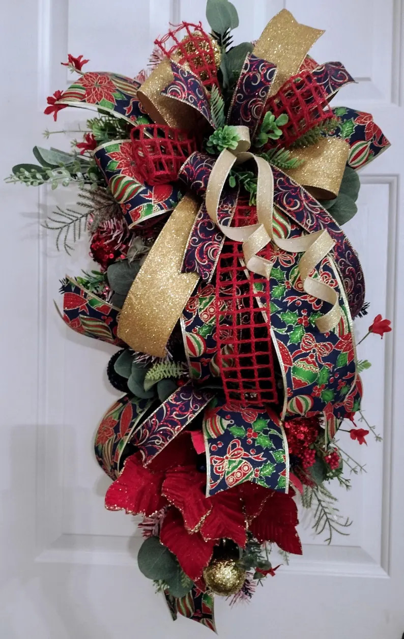 Elegant Christmas Swag: Red, Navy, and Gold Holiday Door Decor - Etsy | Etsy (Global)