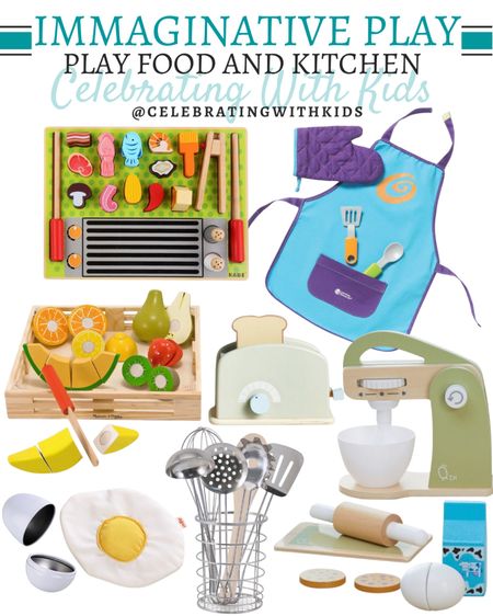 Imaginative play kitchen and play food include wooden sushi board, apron and oven mit set, wooden toy mixer, wooden toy toaster, fabric egg, wooden fruit, and stainless steel kitchen utensils.

Toys, imaginative play, toy kitchen, toy food, toy restaurant, play cooking, kids toys

#LTKfamily #LTKkids #LTKunder50