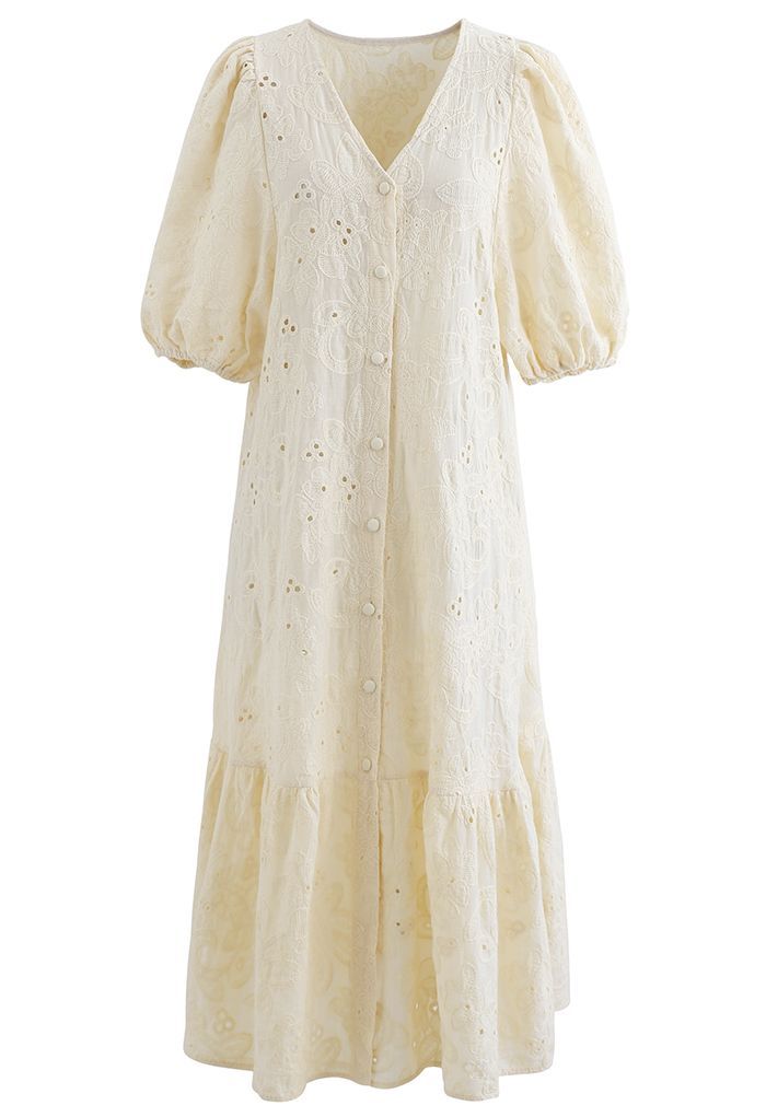 Button Down Bubble Sleeve Embroidered Dolly Dress in Light Yellow | Chicwish