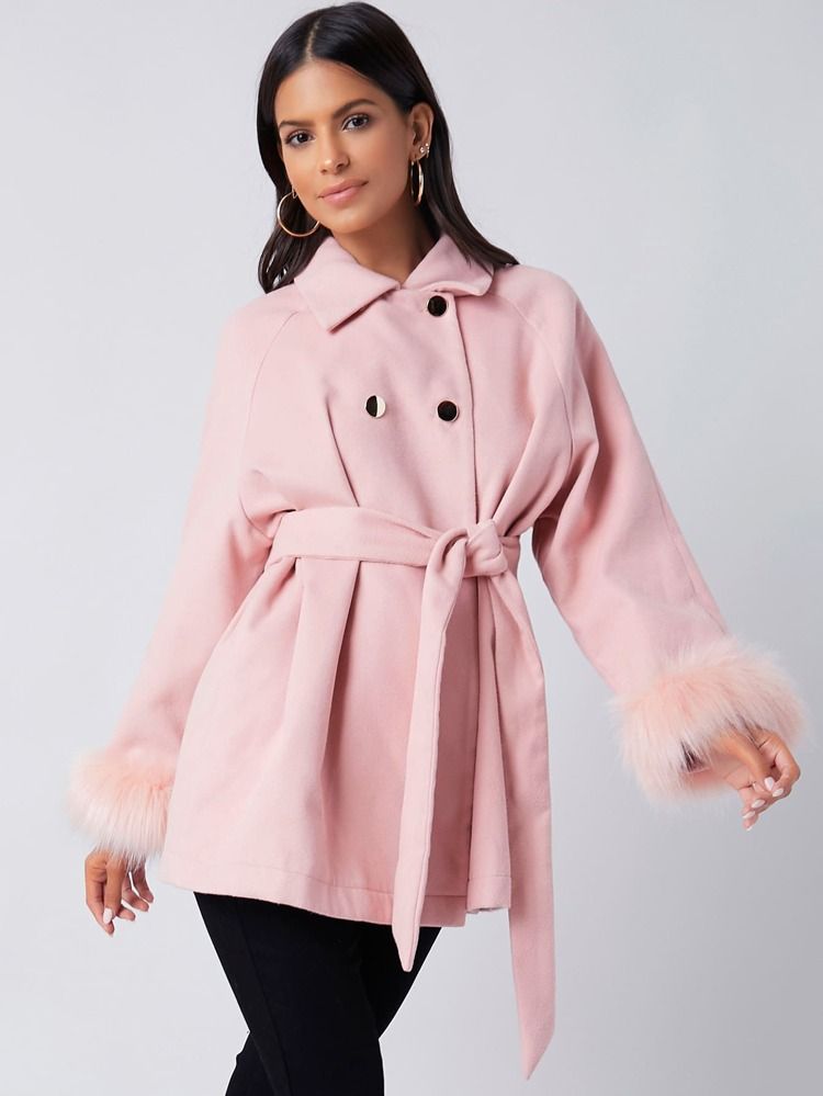 SHEIN Fuzzy Cuff Double Breasted Belted Coat | SHEIN