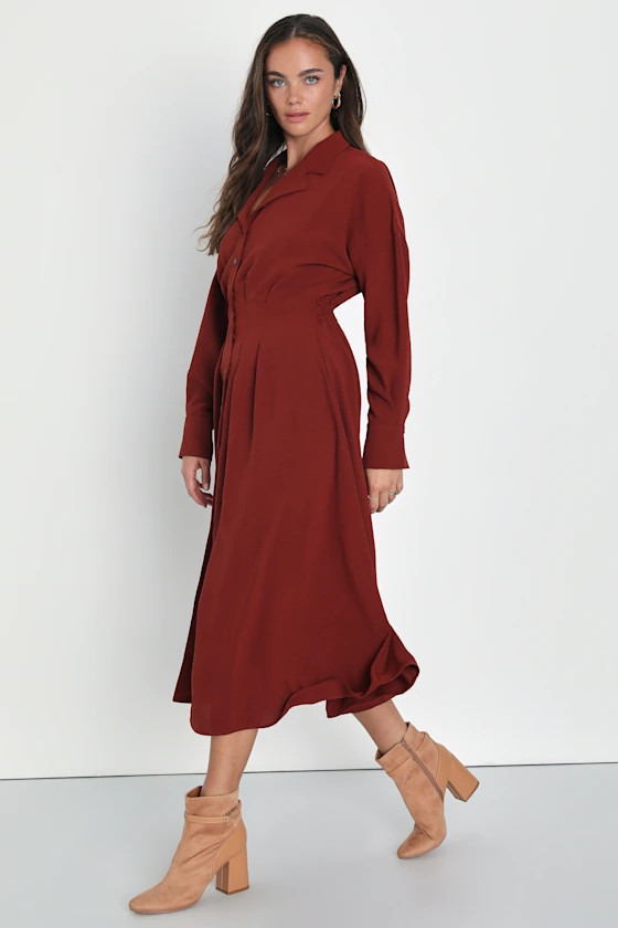Timeless Class Dark Red Collared Button-Up Pleated Midi Dress | Lulus