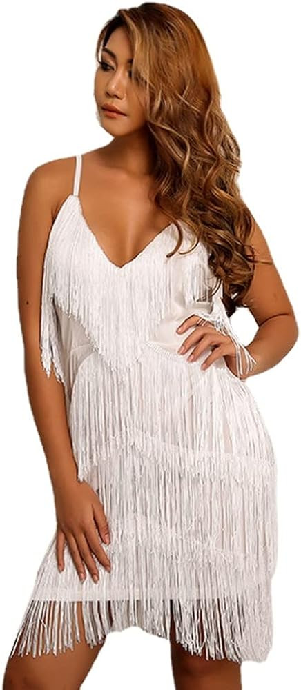 MOFLORA Women Sexy Deep V-Neck Backless Patchwork Bodycon Dress Summer Fringe Tassel Club Party P... | Amazon (US)