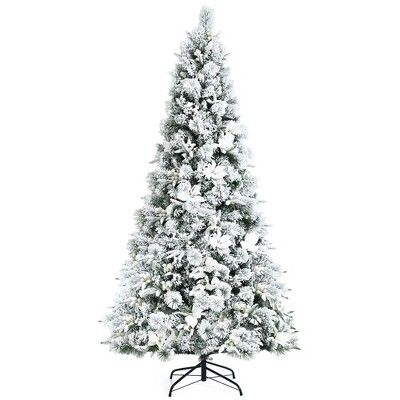 Costway 7ft Snow Flocked Hinged Christmas Tree w/ Berries & Poinsettia Flowers | Target