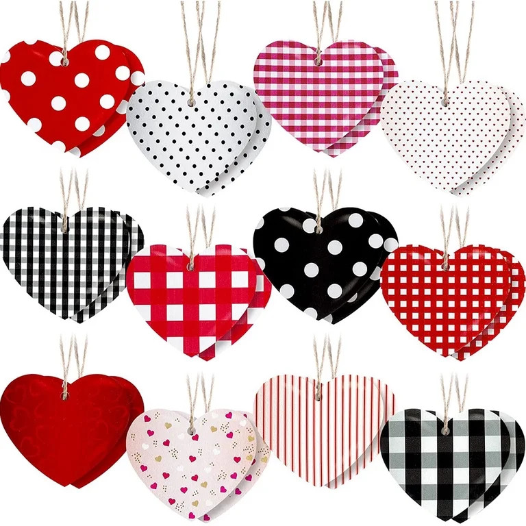 24pcs Valentine's Day Wooden Hearts Ornaments for Crafts, Multi Colored Buffalo Plaid Heart-Shape... | Walmart (US)