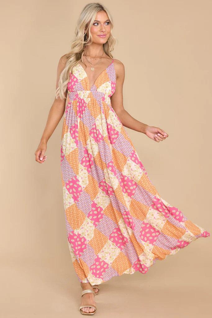 Daisy Delight Orange Patchwork Print Dress | Red Dress 