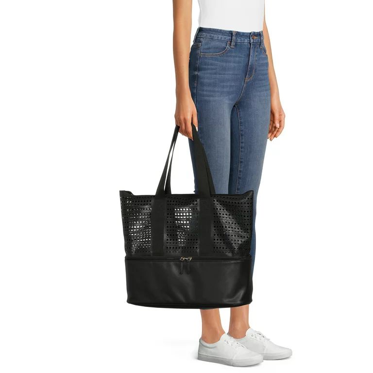 No Boundaries Women’s Zip Bottom Beach Tote Handbag, Black Perforated | Walmart (US)