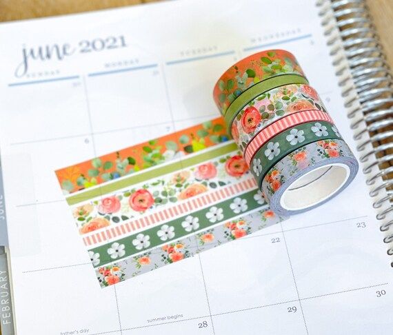 Peonies Eucalyptus Flowers Roses Floral Spring Summer Peach & Green Washi Tape Set. Planner Envy ... | Etsy (US)