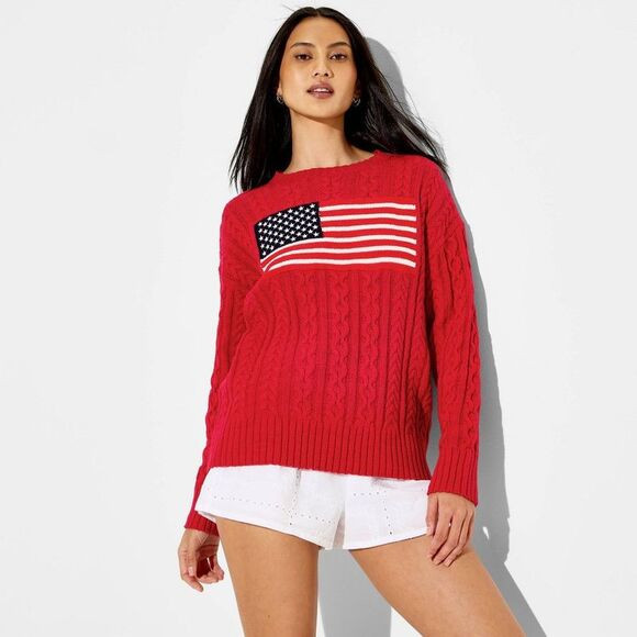 Wild Fable - Women's Crewneck American Flag Pullover Sweater -  Red | Poshmark