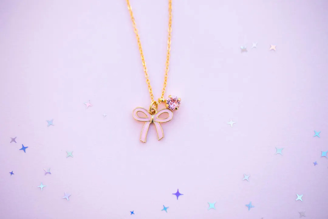 Pink Bow Necklace With 6mm Light Rose Crystal -GOLD Setting Color - Etsy | Etsy (US)