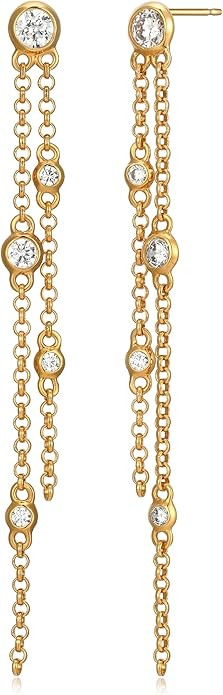 MORGAN & PAIGE .925 Sterling Silver 18K Yellow Gold Plated Two-Tone Cubic Zirconia Long Chain Dro... | Amazon (US)