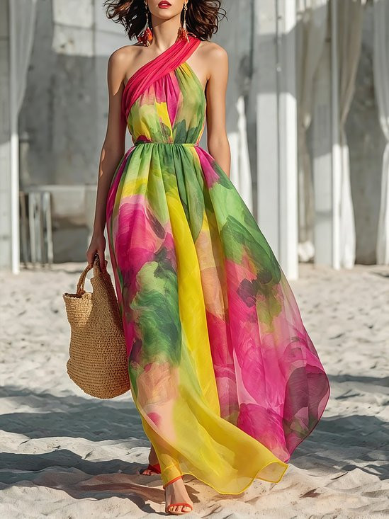 Vacation Random Print Printing Asymmetrical Maxi Dress | Stylewe