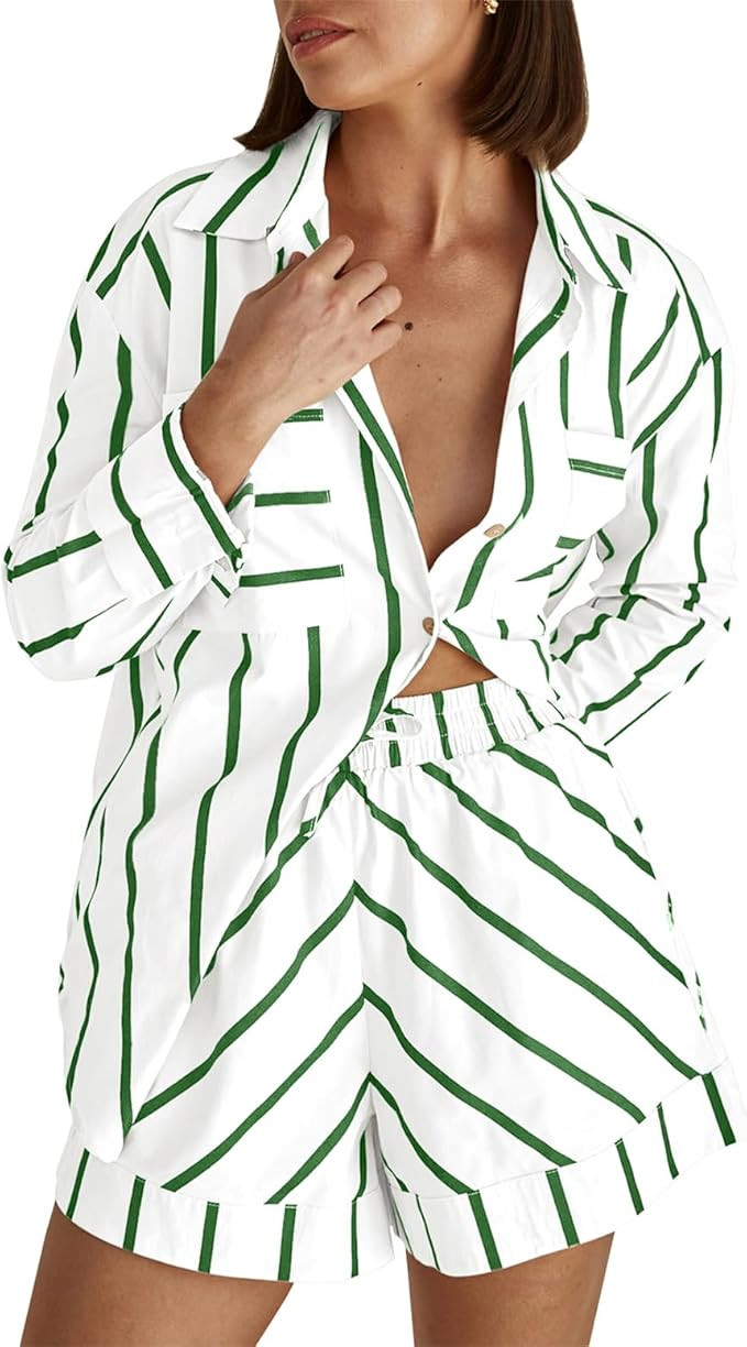 Women's Striped 2 Piece Outfits Casual Button Down Shirts and Shorts Drawstring Pajamas Lounge Ma... | Amazon (US)