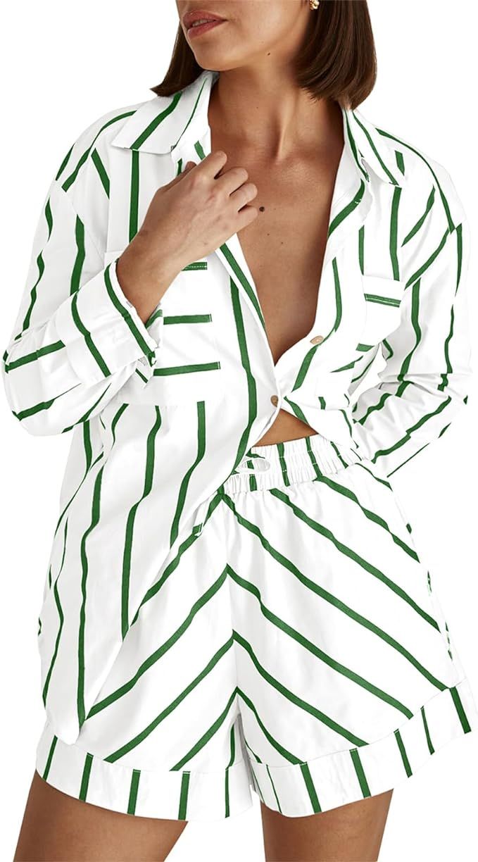 Women's Striped 2 Piece Outfits Casual Oversized Button Down Shirts and Short Lounge Pajamas Set | Amazon (US)