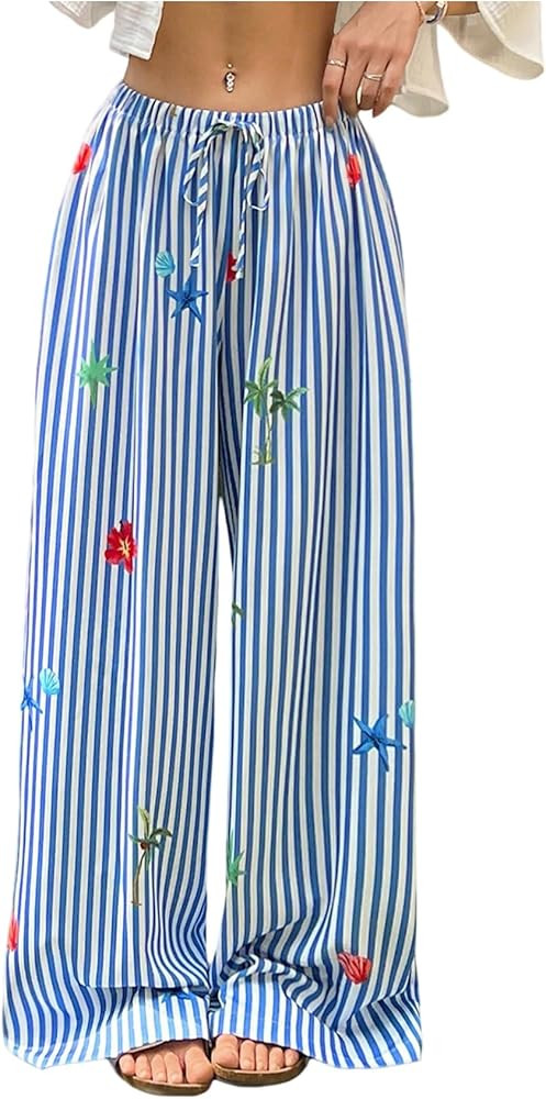 Milumia Women's Striped Floral Print Wide Leg Pants Drawstring Low Waist Loose Fit Baggy Sweatpan... | Amazon (US)