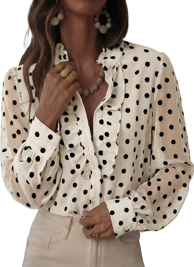 Astylish Women Polka Dot Sheer Mesh Sleeve Ruffle Trim Business Casual Tops | Amazon (US)