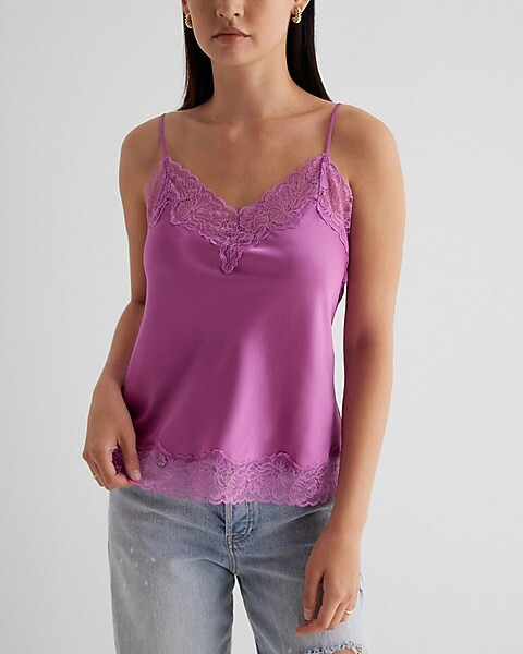 Satin Lace Trim V-Neck Downtown Cami | Express
