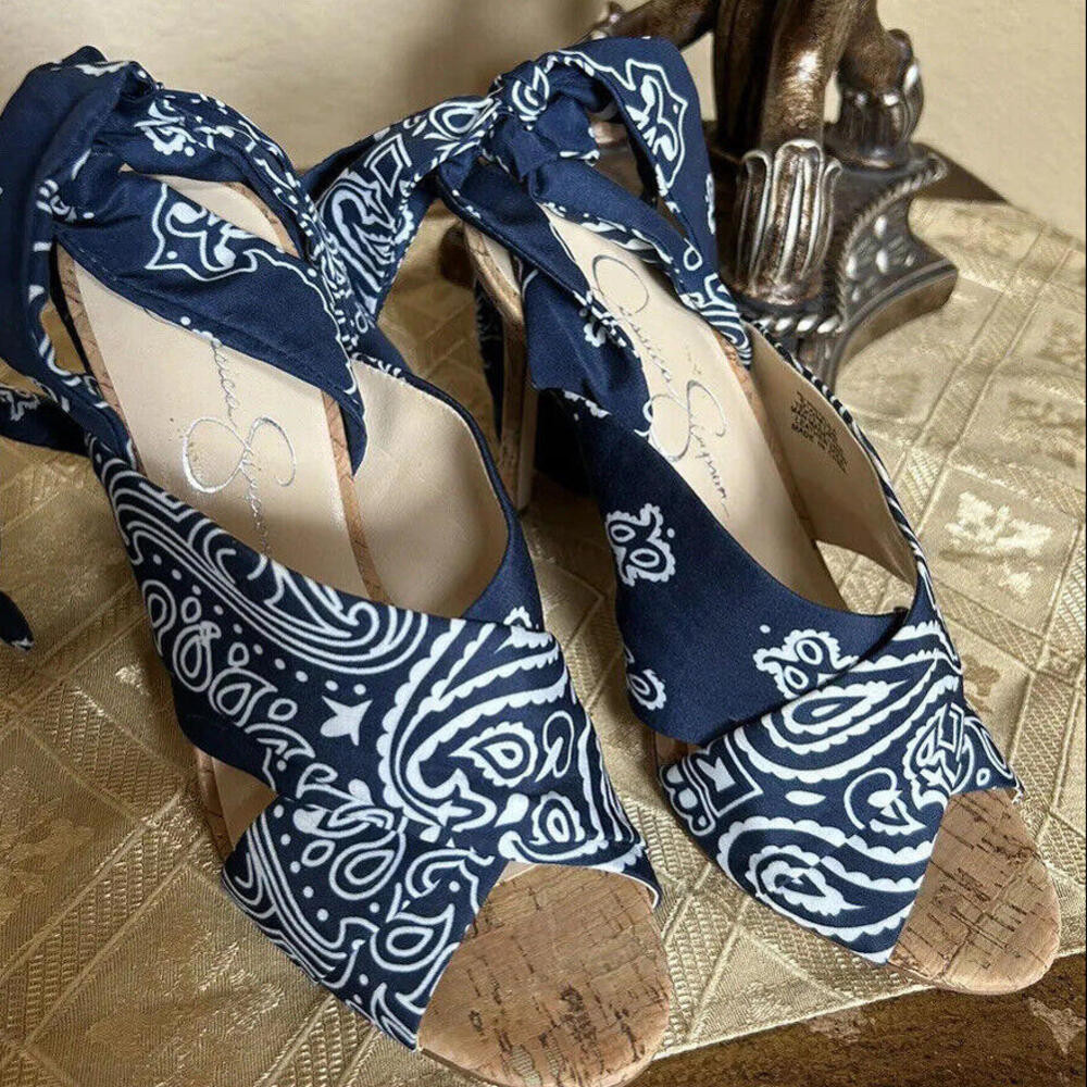 \ud83d\ude0e\ud83d\udc99Jessica Simpson Navy White Paisley Print Ankle Wrap Sandals Stilettos 5 1... | Poshmark