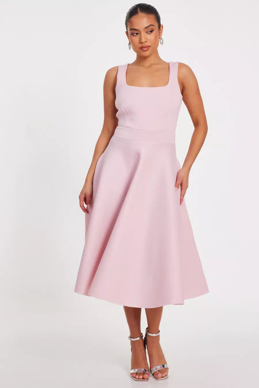 Petite Baby Pink A-Line Midi Dress | Quiz Clothing