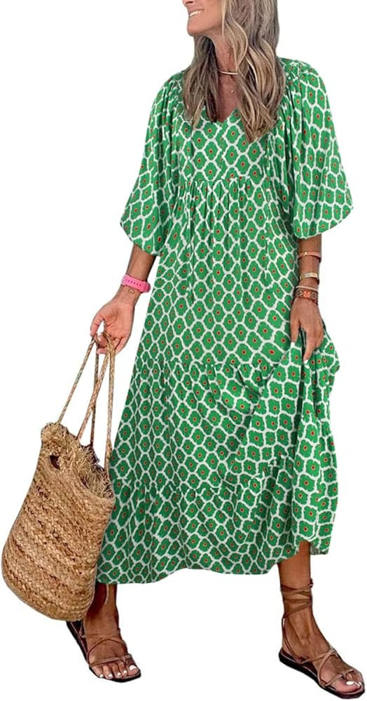 miduo Womens Loose Fit Casual Summer V Neck Half Sleeve Bohemian Geometric Pattern Maxi Long Dres... | Amazon (US)