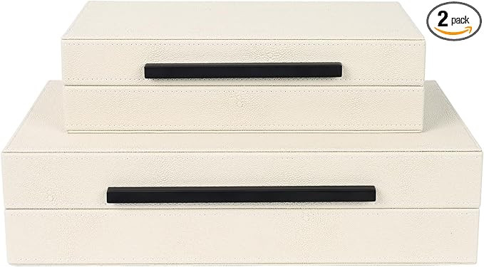 Beige Shagreen Decorative Storage Boxes – Set of 2 Faux Leather Jewelry & Memory Boxes with Bla... | Amazon (US)