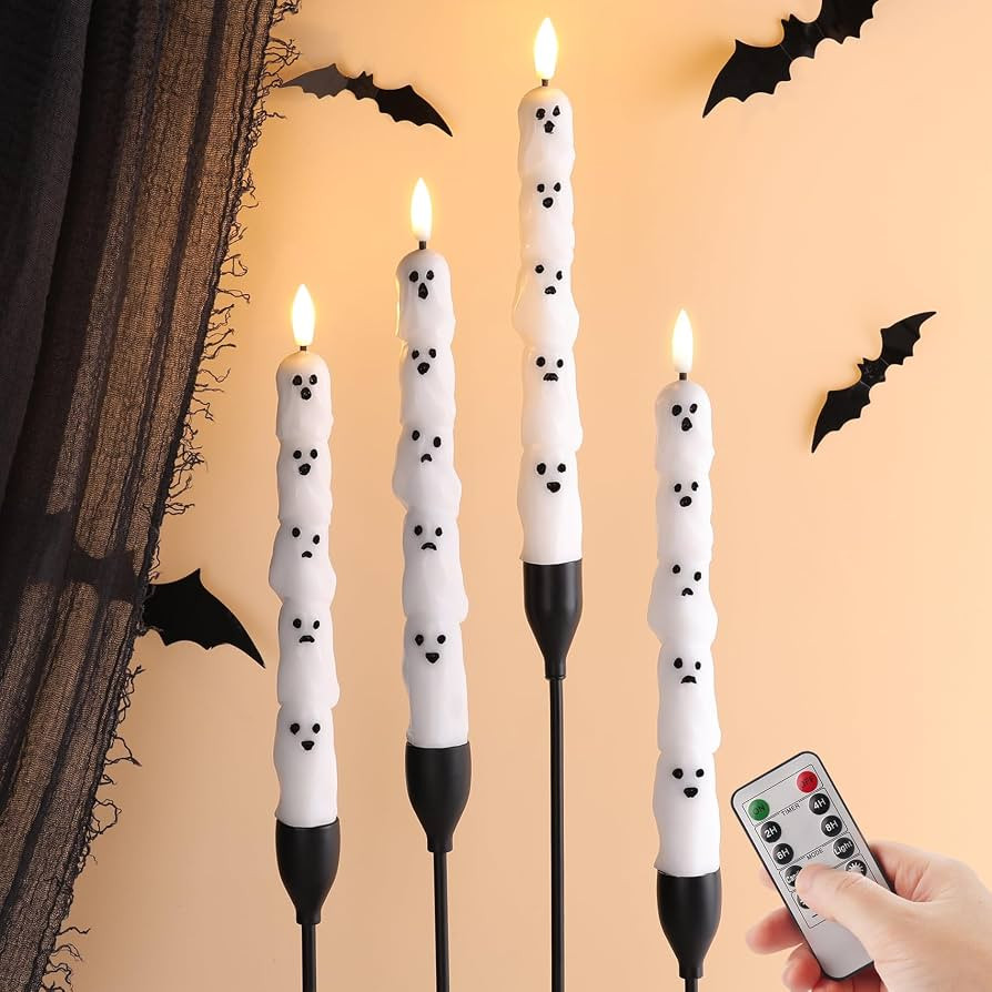Eywamage White Ghost Halloween Flameless Taper Candles with Remote Set of 4 | Amazon (US)
