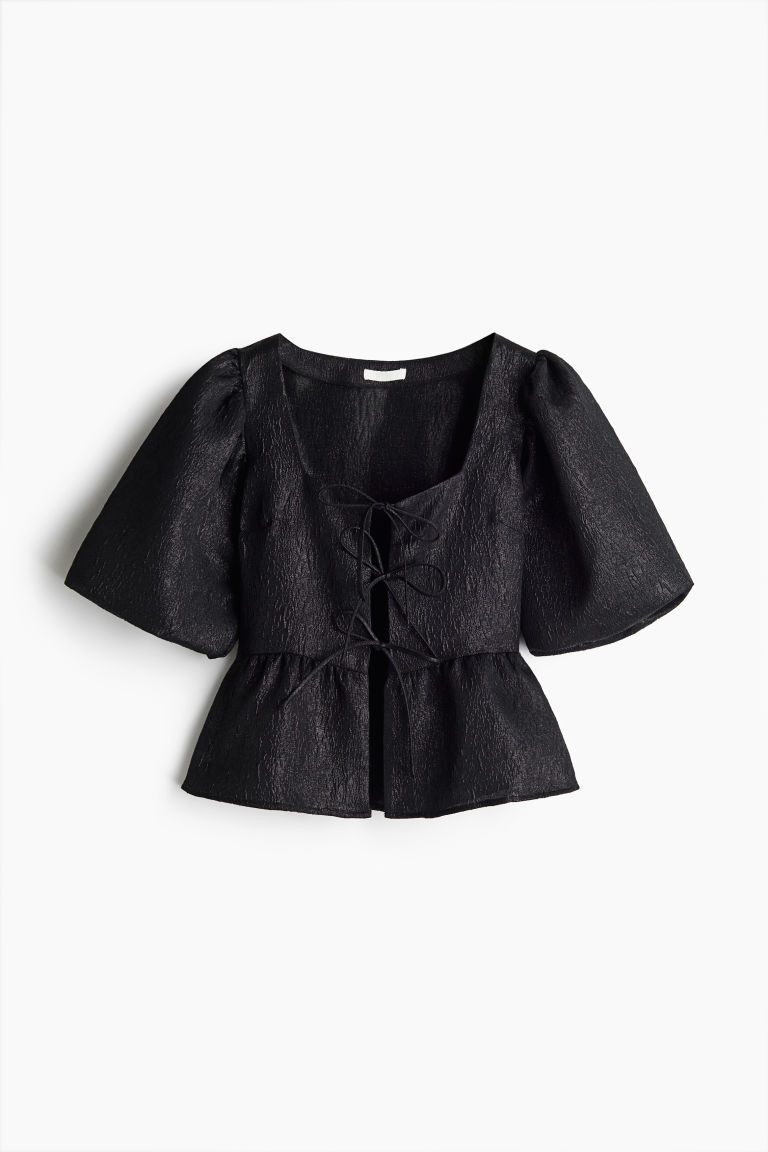 H & M - Jacquard-Weave Tie-Front Blouse - Black | H&M (US + CA)