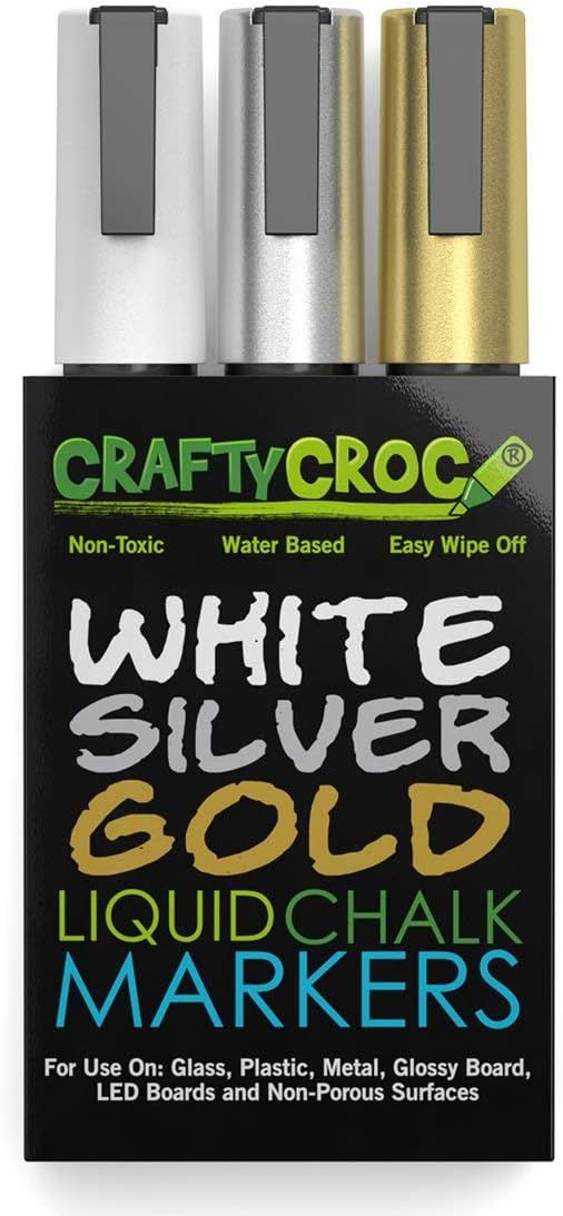 Crafty Croc Metallic Chalk Markers, Gold Silver White - 3 Pack, Medium Tip 6mm, Wet Erase for Acc... | Amazon (US)