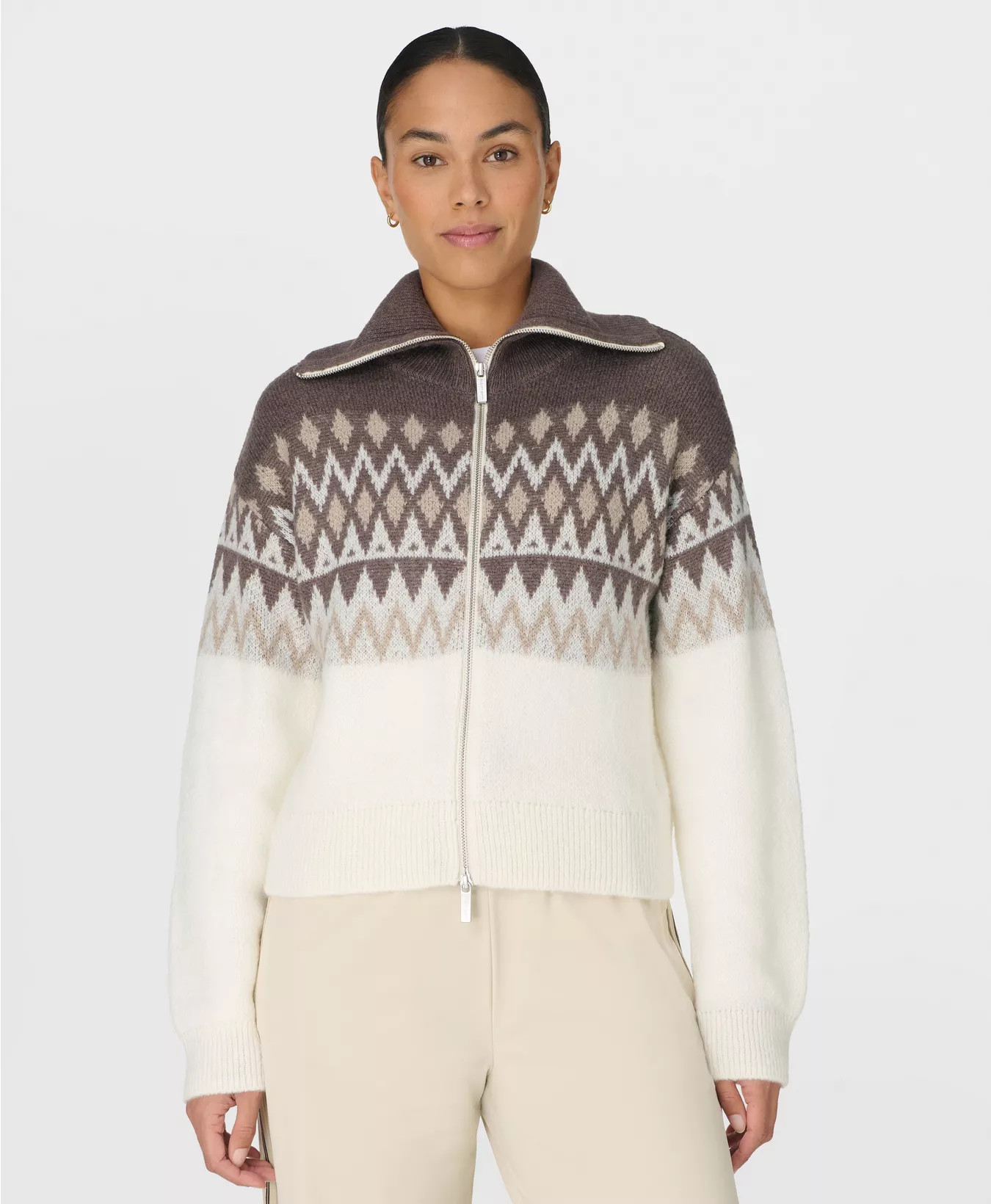 Fairisle Funnel Neck Zip Through - Purple Geo Jacquard  | Sweaty Betty | Sweaty Betty UK