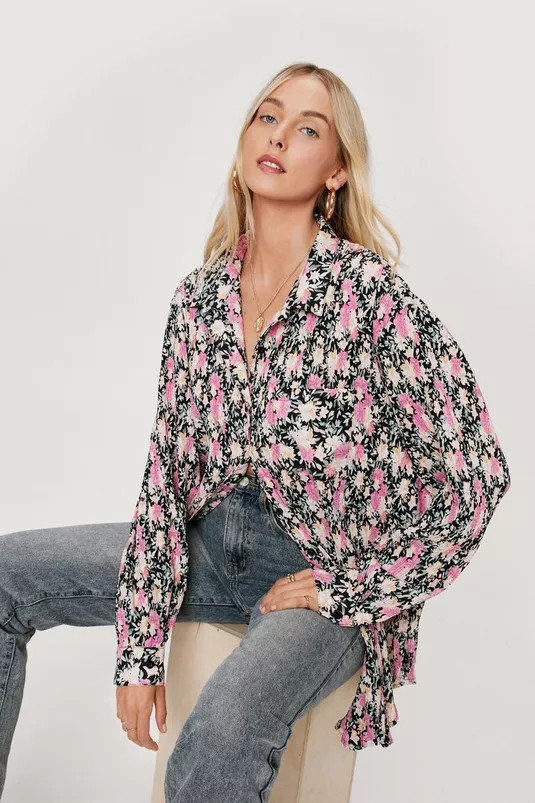 Floral Plisse Oversized Button Down Shirt | Nasty Gal (US)