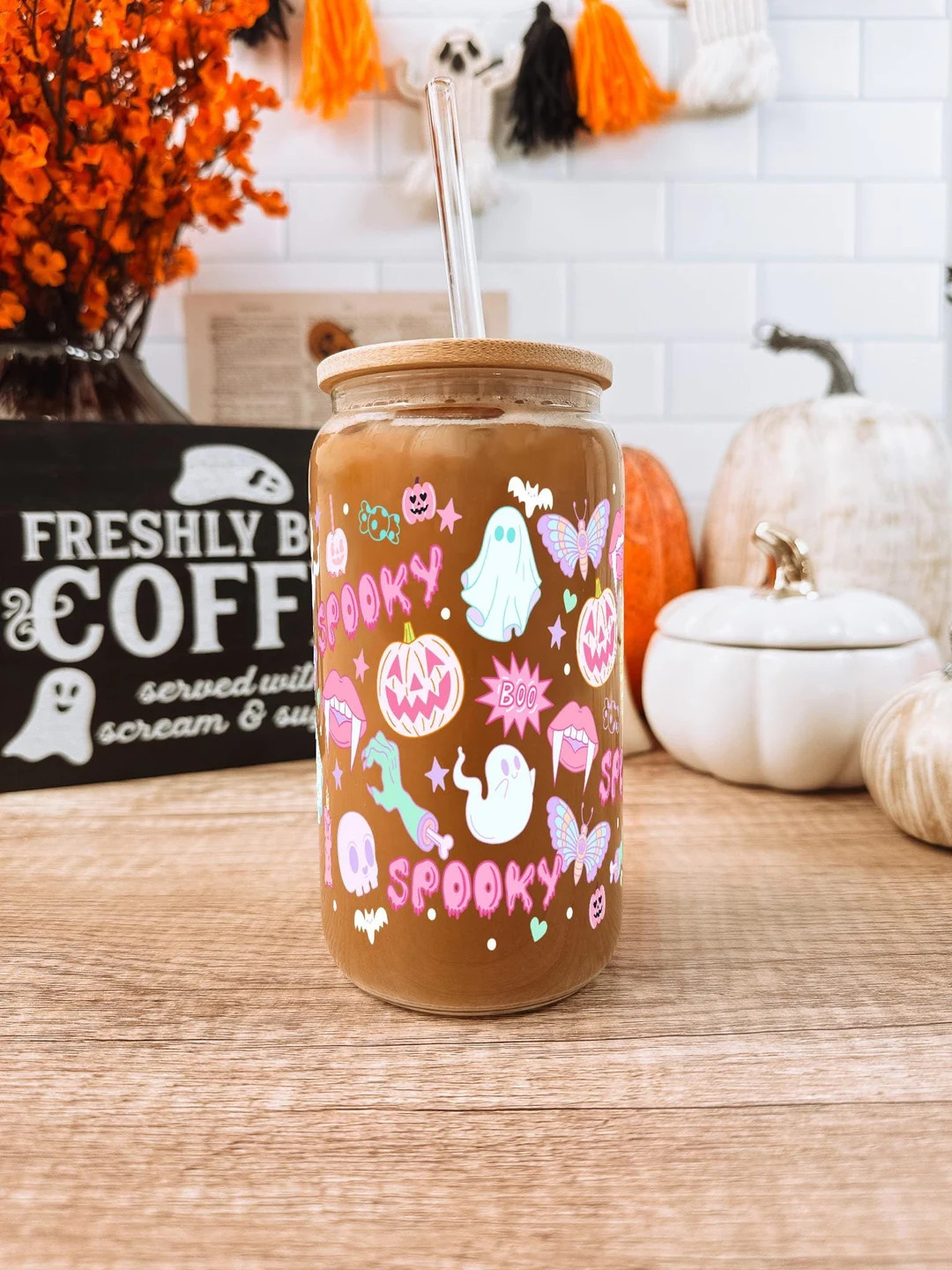 Retro Pink Spooky Halloween Cute Glass Cup With Lid and Straw, Fall Iced Coffee Glass Spooky Seas... | Etsy (US)