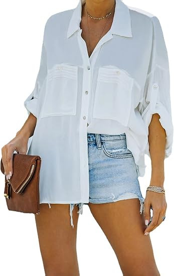 Springrain Womens Long Sleeve Roll Up Cuffed Sleeve Button Down Lapel Shirts | Amazon (US)