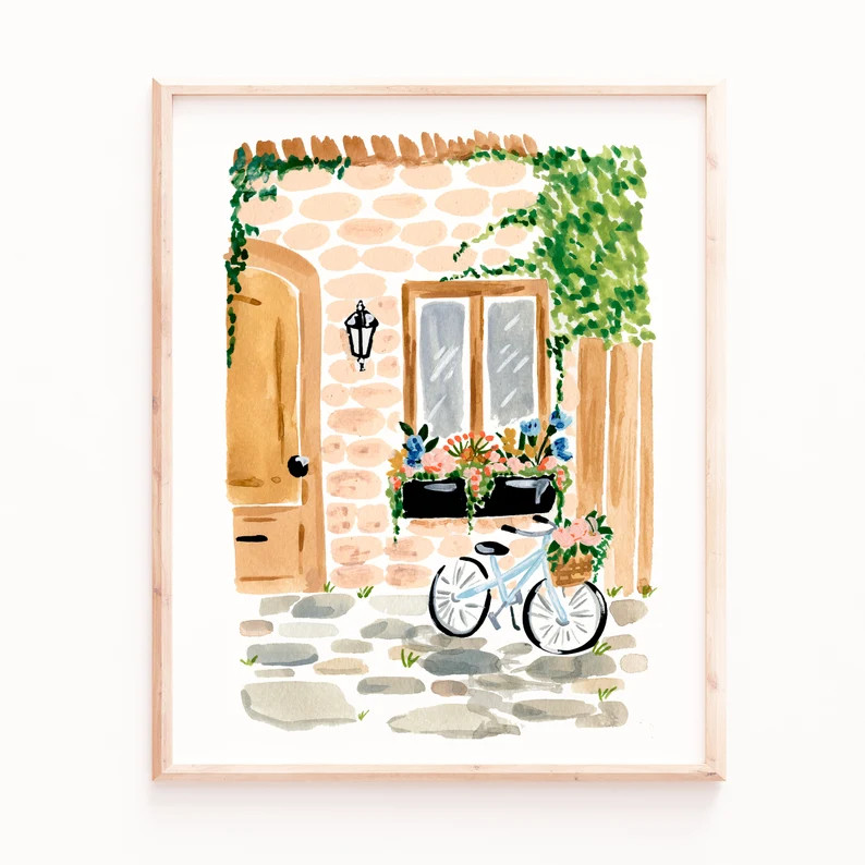 Cute House Print, Summer Chic Wall Art, Bicycle and Flowers, Kitchen Wall Art, Bedroom Wall Art, ... | Etsy (US)