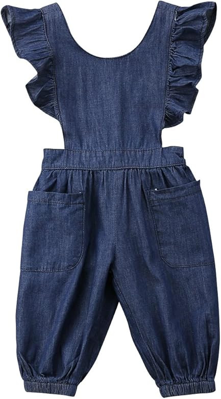 Honganda Kids Toddler Baby Girl Ruffle Backless Denim Romper Jumpsuit with Pockets Overalls | Amazon (US)