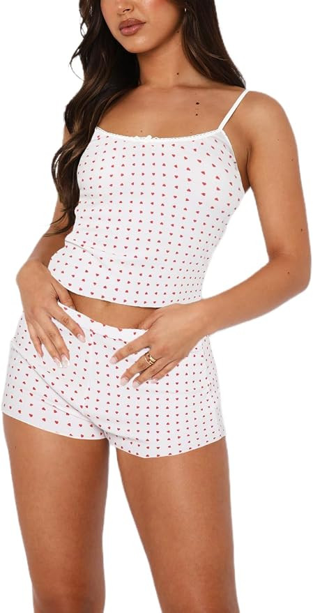 Seyurigaoka Women Y2k 2 Piece Lace Shorts Set Sleeveless V Neck Cami Top with Shorts Pajamas Sets... | Amazon (US)