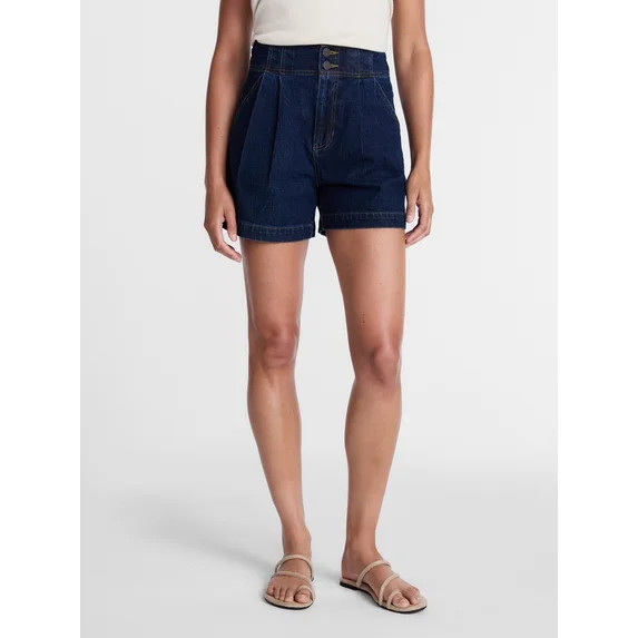 Time and Tru Women's High Rise Pleated Denim Shorts, 4.5" Inseam, Sizes 0-20 | Walmart (US)