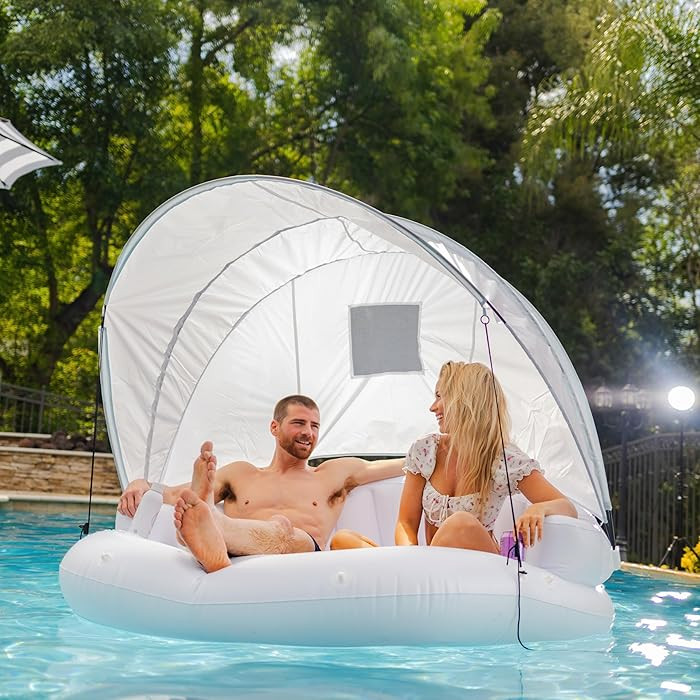 Inflatable Cabana - 2 Person Pool Float with Detachable Fabric Sun Shade, Backrest, Built in Cup ... | Amazon (US)
