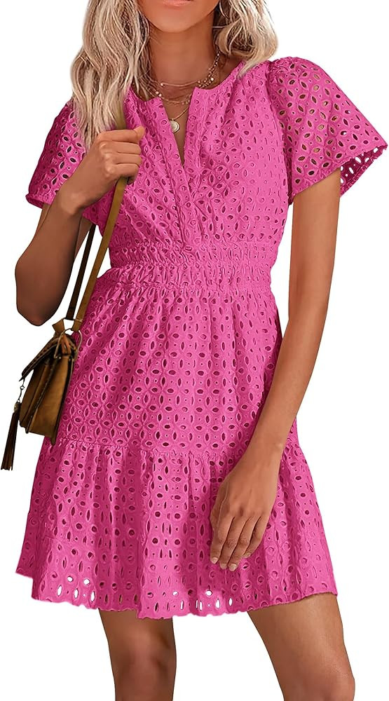 PRETTYGARDEN Womens 2025 Summer Short Dress V Neck Short Sleeve A Line Hollow Out Lace Ruffle Cut... | Amazon (US)