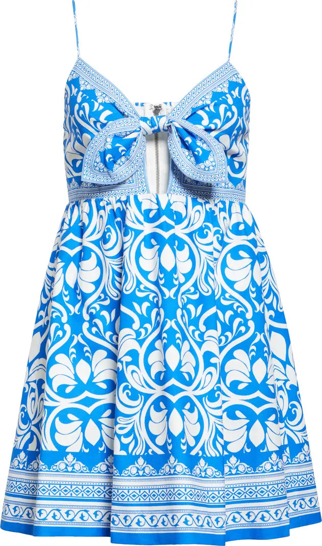 Alice + Olivia Melvina Bow Detail Mixed Print Linen Blend Minidress | Nordstrom | Nordstrom
