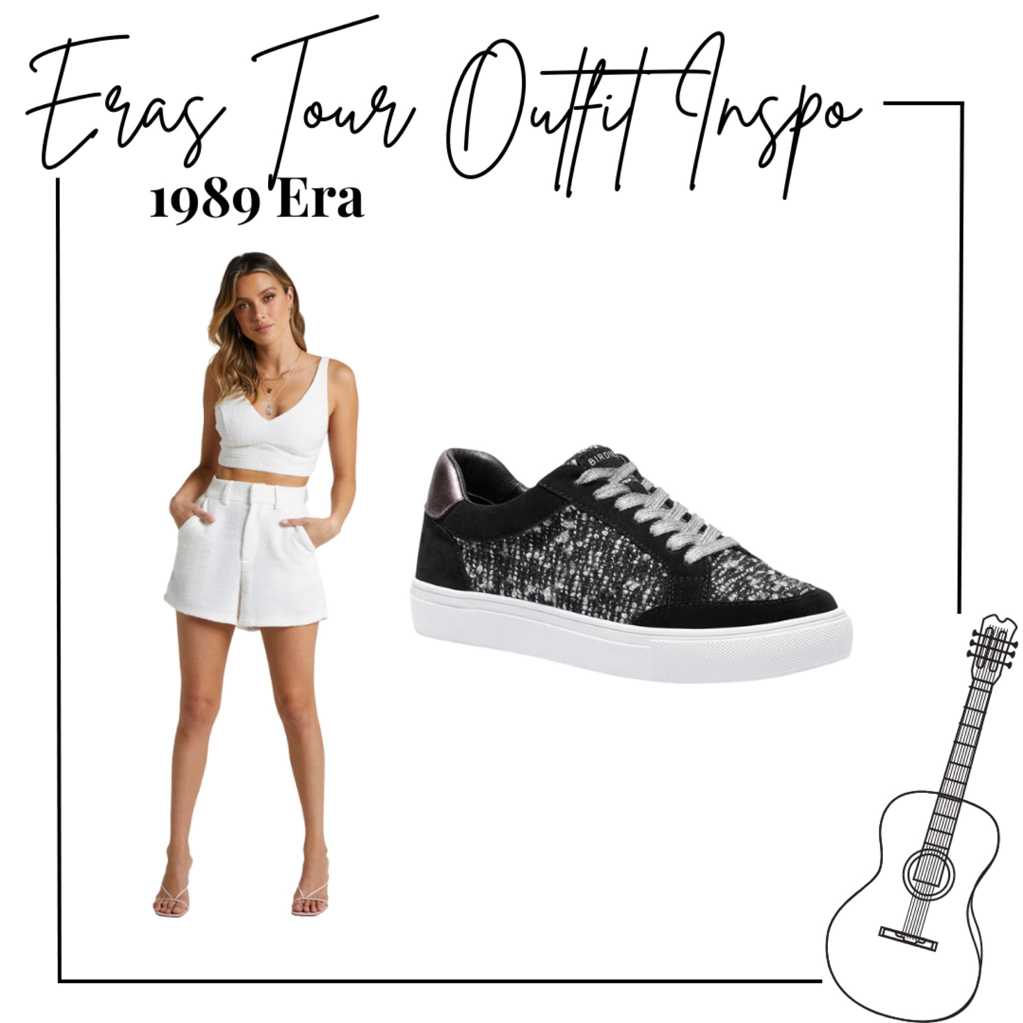 Taylor swift eras tour Outfit inspo - 1989 era - two piece white short set, black rhinestone sneakers
.
Birdies shoes, concert Outfit, summer outfit, casual ootd, 

#LTKunder50 #LTKshoecrush #LTKFind