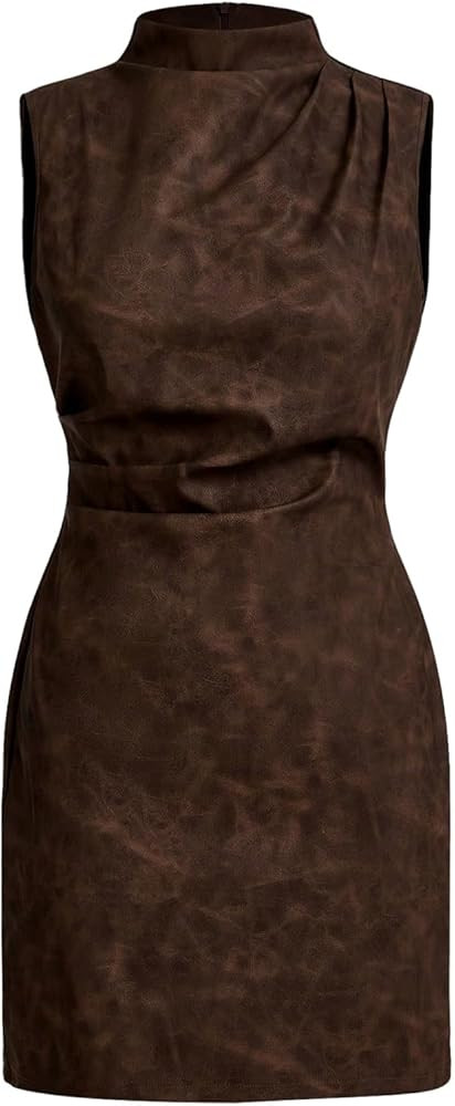 RoseSeek Women's PU Leather Ruched Bodycon Dresses Mock Neck Sleeveless Zipper Mini Tank Dress | Amazon (US)