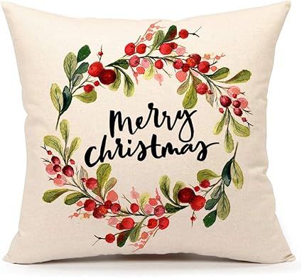4TH Emotion Merry Christmas Wreath Throw Pillow Cover 18x18 Inch Home Decor Cushion Case for Sofa... | Amazon (US)