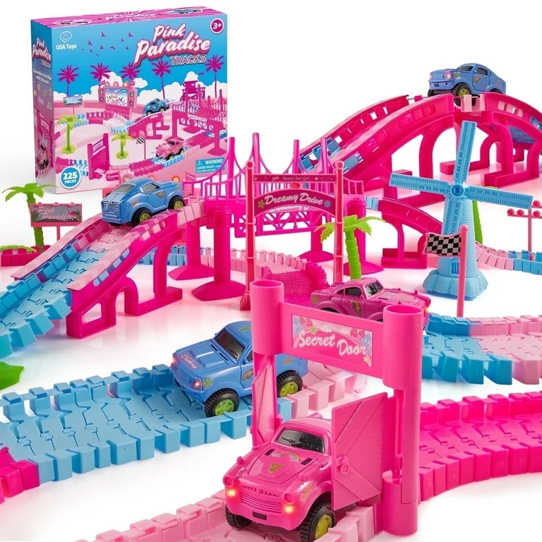 USA Toyz Pink Paradise Adventure Tracks – 225pc Vehicle Playset STEM Snap Track Car Toy Set for... | Walmart (US)