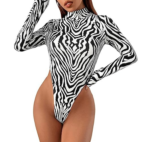 SweatyRocks Women's Long Sleeve Mock Neck Tee Top Zebra Striped Slim Fit High Cut Bodysuit Black and White M | Amazon (US)