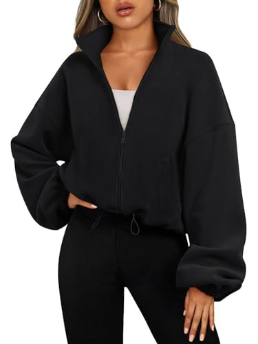 AUTOMET Womens Fleece Jackets Zip Up Oversized Sweatshirts Winter Clothes Long Sleeve Crop Sherpa Fall Outfits Fashion Black L | Amazon (US)