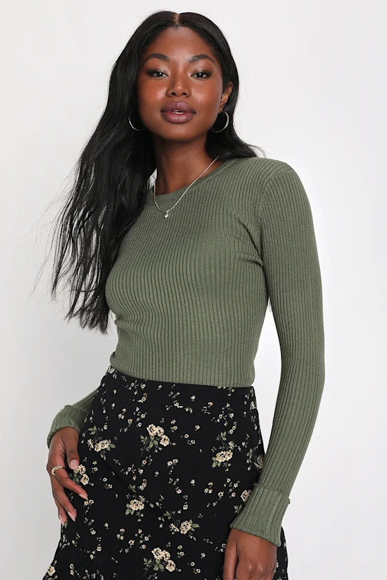Karlee Olive Green Ribbed Knit Long Sleeve Sweater Top Green Top Green Sweater Top Green Outfit Idea | Lulus