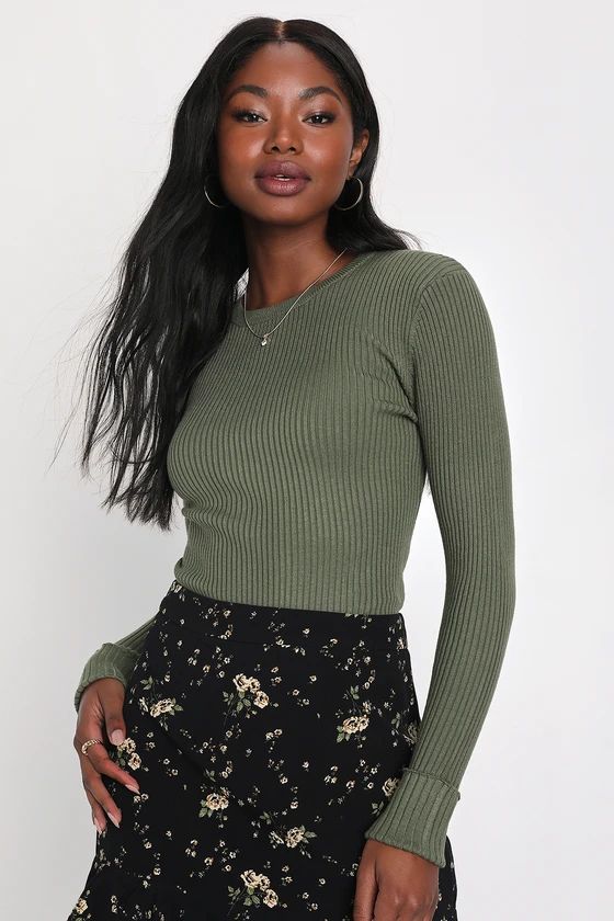 Karlee Olive Green Ribbed Knit Long Sleeve Sweater Top Green Top Green Sweater Top Green Outfit Idea | Lulus