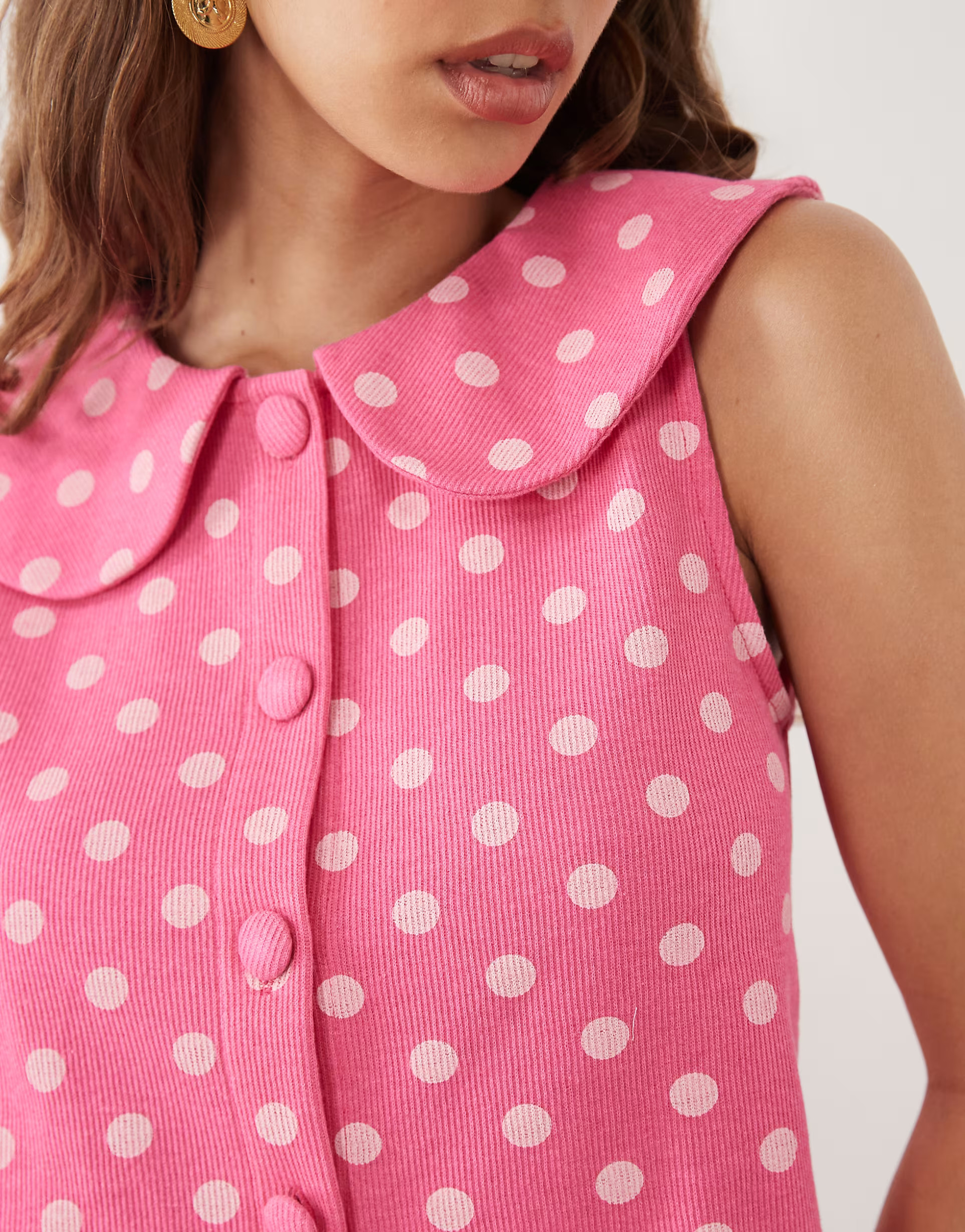 Miss Selfridge peter pan collar button through tank in pink polka dot | ASOS (Global)