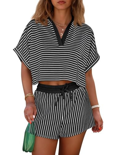 Cicy Bell Womens Striped 2 Piece Short Sets Summer Short Sleeve Collared V Neck Cropped Tops Vacation Casual Lounge Outfits | Amazon (US)
