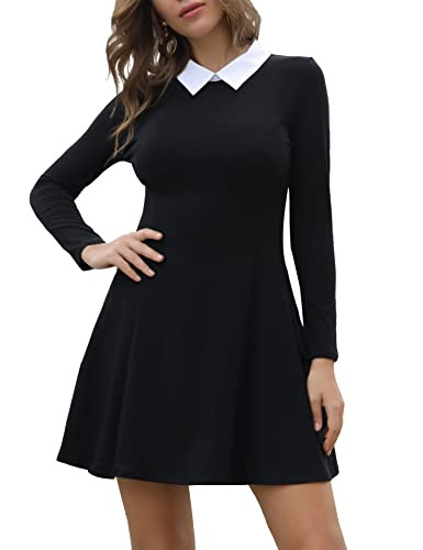 Aphratti Long Sleeve Peter Pan Collar Skater Dress in black, white collar dress for an Amy Dunne costume