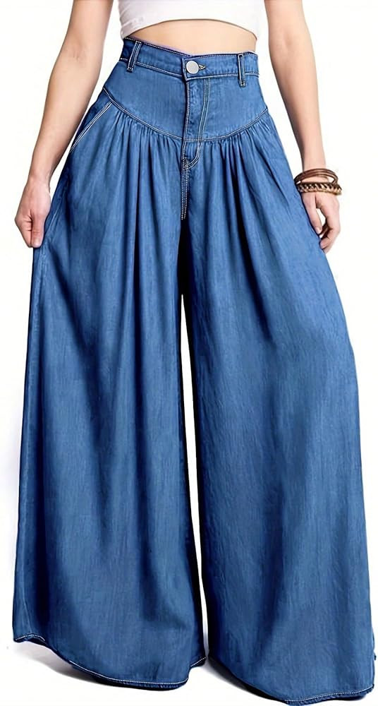 Women's High Waisted Pleated Wide Leg Jeans Flowy Palazzo Loose Fit Vintage Style Boho Chic Denim... | Amazon (US)